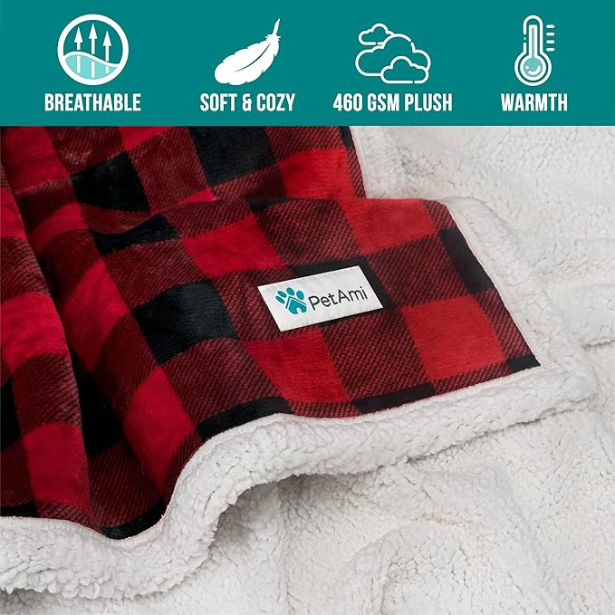 PetAmi Dog Blanket for Medium Large Dogs, Pet Bed Blanket Cat Puppy Kitten, Fleece Furniture Couch Cover Protector Sofa Car, Soft Sherpa Dog Throw Plush Reversible Washable, 40x60 Checker Red