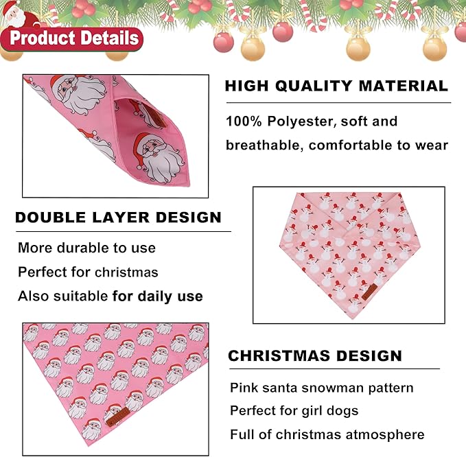 ADOGGYGO Pink Christmas Dog Bandanas 2 Pack, Reversible Santa Snowman Xmas Scarf Bib, Adjustable Fit Pink Christmas Bandana for Medium Large Dogs Girl (Large)