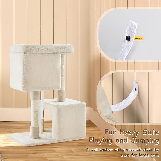 Yaheetech Cat Tree, 33.5in Cat Tower with 2 Cozy Condos, Soft Perch & Sisal Scratching Posts, Cat House Activity Center Furniture for Indoor Cats, Beige