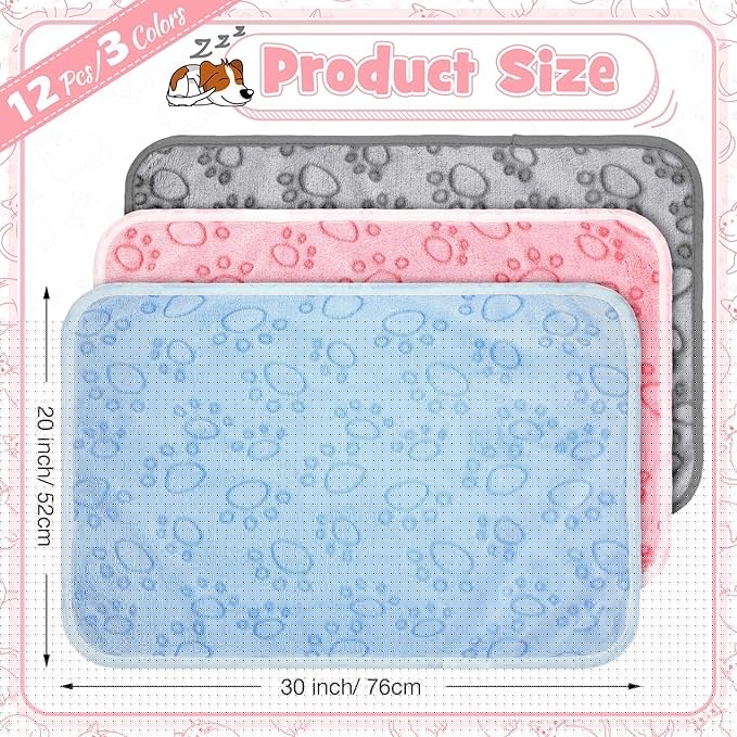 Tegeme 12 Pcs Pet Blankets Soft Fluffy Fleece Dog Cat Warm Paw Print Pattern Blankets Flannel Throw for Pets Dog Puppy Cat(30 x 20 Inch,Pink,Gray,Blue)