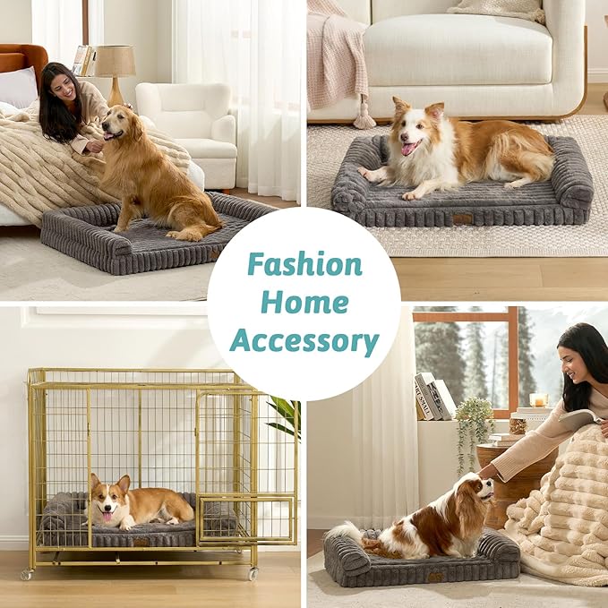 Cute Dog Bed for Large Dogs, Faux Rabbit Fur Orthopedic Foam Dog Bed with Sides, Removable Washable Cover & Waterproof Lining, Comfortable Pet Couch, Grey (44" L x 32" W x 7" Th)