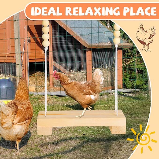 Jorewood 40cm Natural Wooden Chicken Swing Perch with Iron Monkey Decoration & Adurable Rope - Safe Poultry Toy for Hens, Birds with Wooden Beads & Durable Design