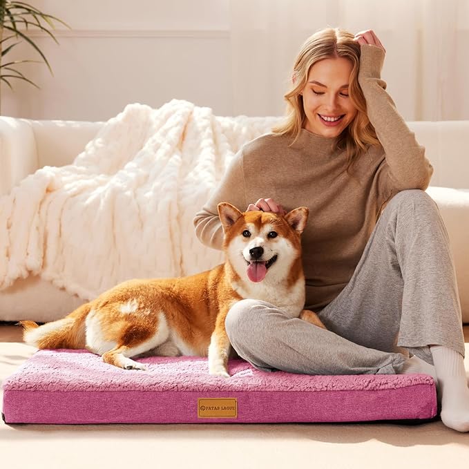 Patas Lague Orthopedic Dog Bed Large Sized Dog 36''X24'',Soft Waterproof Egg Crate Foam Medium Pet Crate Beds Mat with Removable Washable Cover and Non-Slip Bottom, Hot Pink