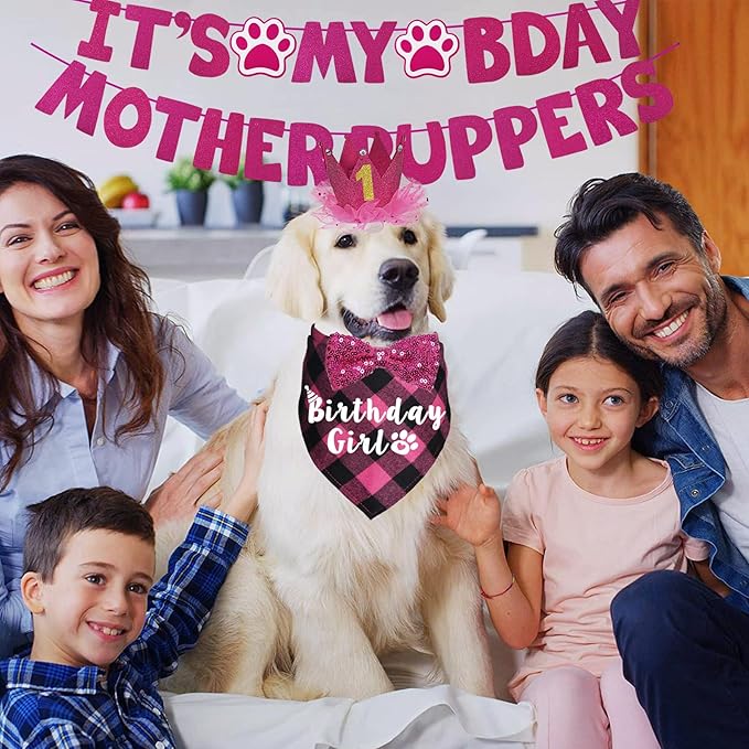 Dog Birthday Decorations, Multi Sizes Dog Birthday Bandana Girl Dog Birthday Hat Crown Bow Tie Birthday Numbers It’s My Bday Mother Puppers Sign Banner for Medium Large Dogs Pets (Pink, Large)