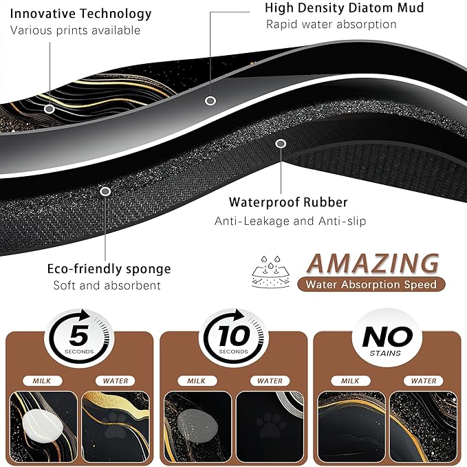 Marble Pet Feeding Mat,Black Gold Flowing Marble Absorbent Quick-Dry Cat Dog Food and Water Bowl Mats,Non-Slip Rubber Backing Mat,Cat Dog Accessories Supplies 16"x24"