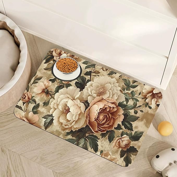 Roses Peonies Pet Feeding Mat,Vintage Luxury Shabby Chic Flower Absorbent Quick-Dry Cat Dog Food and Water Bowl Mats,Non-Slip Rubber Backing Mat,Cat Dog Accessories Supplies 12"x20"