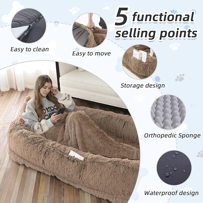 Human Dog Bed, Large Dog Beds for Humans Size Fits You and Pets, Washable Faux Fur Orthopedic Human Pet Bed for People Doze Off, Napping, Present Pillow, Blanket, Strap - Khaki