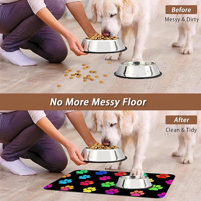 Cat Gradient Paw Print Dog Food Mat for Floors,Absorbent Pet Food and Water Bowl Mats,Non-Slip Pet Feeding Mat,Pet Supplies 16" x 24"