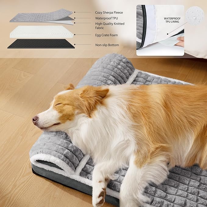Orthopedic Dog Bed Large Sized Dog with Pillow 36''X24'', Waterproof Soft Comfortable Egg Crate Foam Pet Crate Beds Mat with Removable Washable Cover and Non-Slip Bottom, Grey