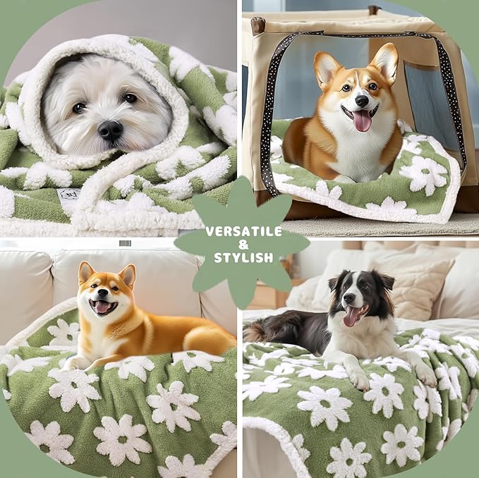 Luciphia Waterproof Pet Blanket for Medium Large Dogs Washable Fluffy Thick Jacquard Shag Fleece Warm Sherpa 3D Textured Flower Print for Cats Puppy Couch Protection (Green,57x40 inches)