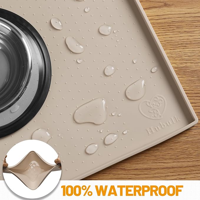 Hubulk Dog Feeding Mat,100% Waterproof Food Grade Silicone Pet Food and Water Bowl Placemat,Dishwasher, High Raised Edge to Prevent Spills,Nonslip Tray to Stop Messes on Floor（24"x16"x0.5", Taupe）