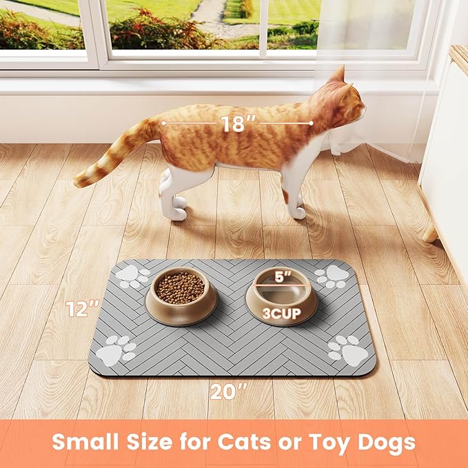 Pet Feeding Mat-Absorbent Pet Placemat for Food and Water Bowl, with Waterproof Rubber Backing, Quick Dry Water Dispenser Mat for Dog and Cat (20"x12", Striped Light Gray)