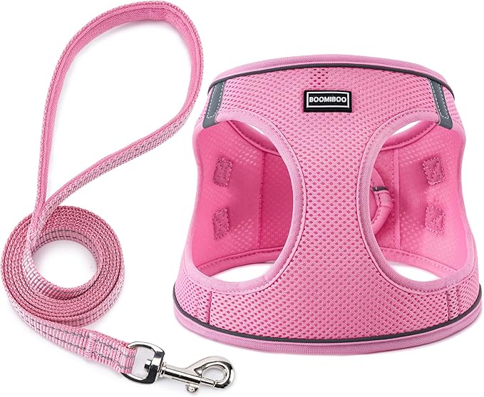 BOOMIBOO Dog Harness with Leash Set, No Pull Adjustable Reflective Step-in Puppy Pet Vest Harnesses for Small Medium Large Dogs and Cats,Pink S