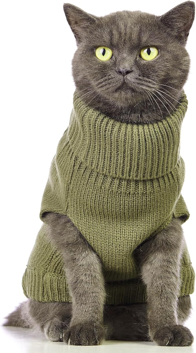 Stretchy Cat Sweater - 17 Colors & 6 Sizes | Snug Winter-Ready Knit for Boy/Girl Cats & Kittens (Olive Green, X-Small)