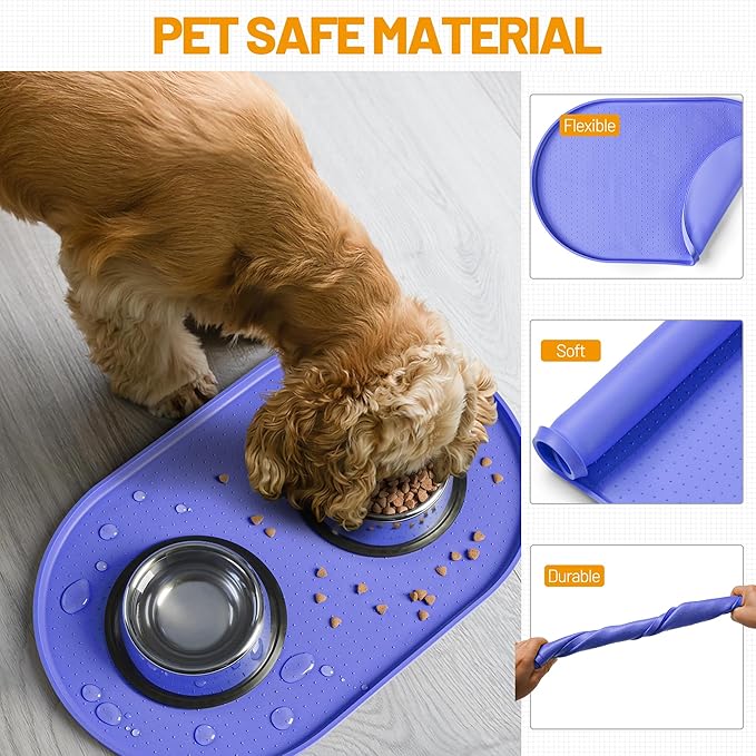 Hubulk 100% Waterproof Silicone Pet Feeding Mat with Raised Edge for Food and Water, Dog Bowl Mats, Cat Bowls Placemat with High Lip Protects Floor for Cats and Dogs (Purple, 32" L x 24" W)
