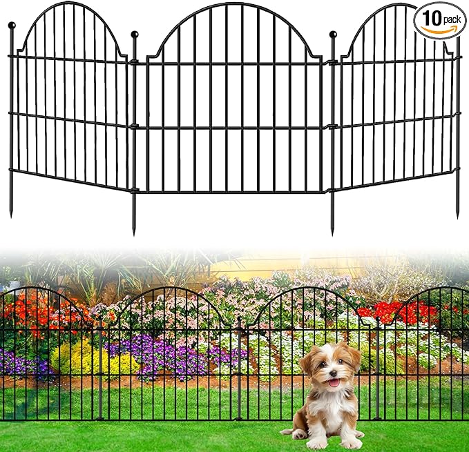 10 Panels No Dig Decorative Outdoor Garden Fence, 24in (H) x20ft (L) Animal Barrier Fencing for Dog, Arched Flower Bed Edging, Rustproof Metal Wire Panel Border with Temporary Ground Stakes