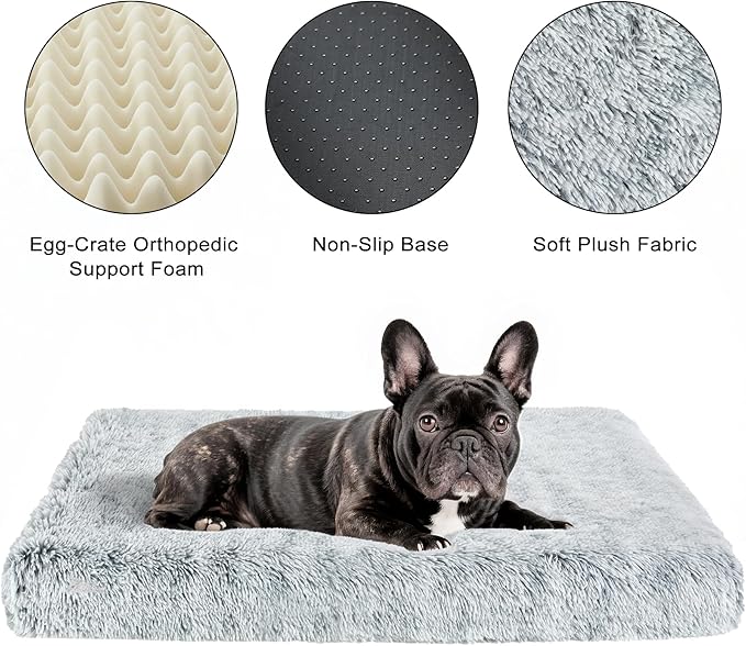 Fluffy Orthopedic Dog Beds for Medium Dogs with Washable Removable Cover Dog Crate Bed Egg Crate Foam Support Plush Pet Pad Mat with Anti-Slip Bottom(Grey,36 * 24)
