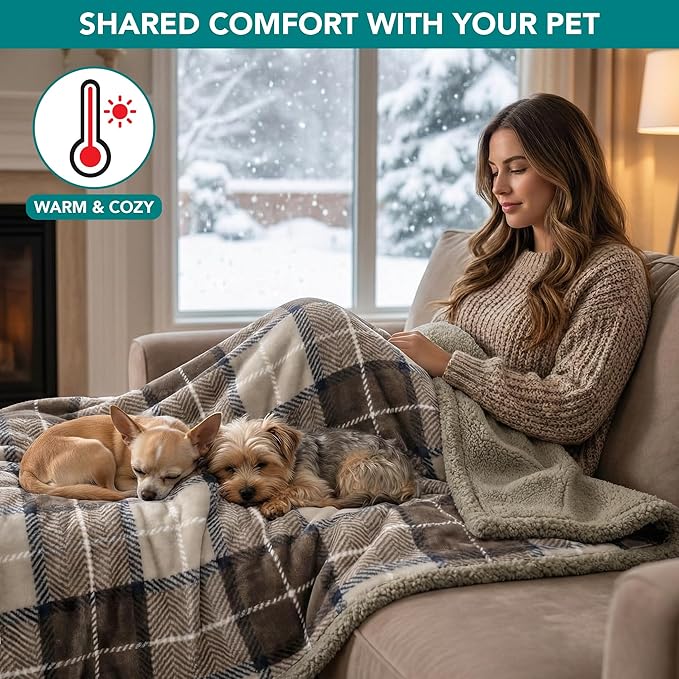 PetAmi Waterproof Dog Blanket for Medium Large XL Dog Puppy Cat Throw for Couch Cover Leakproof Protection, Sherpa Fleece, Reversible Soft Washable 80x60 Plaid Taupe