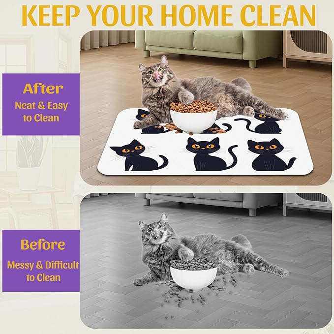 Cute Black Cats Pet Feeding Mat, Absorbent Dog and Cat Bowl Pad, Fast Dry, Non-Slip Back – 16x24 Inch