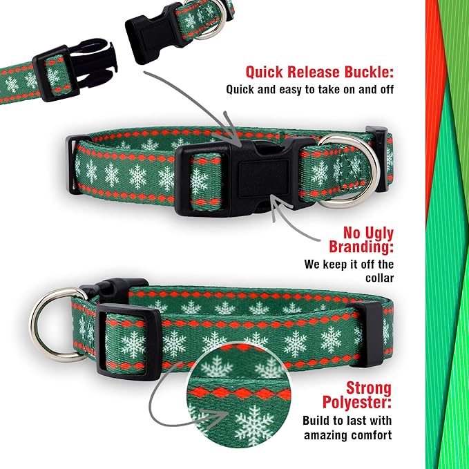 Native Pup Christmas Dog Collar- Winter Holiday Collars for Pets- Xmas Gift for Puppy- Santa, Reindeer, Snowman, Candy Cane, Red Green- Girl Boy- Small, Medium, Large Breeds (Green Snowflake, Large)