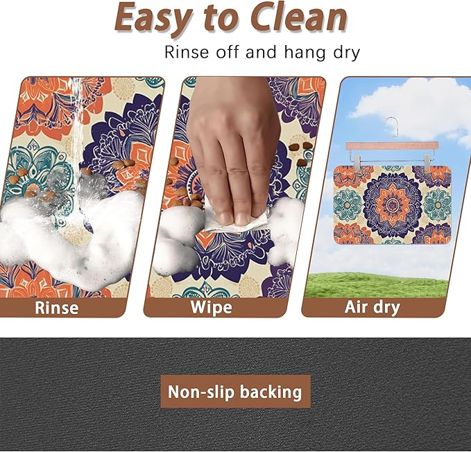 Mandala Flower Dog Cat Food Mat,Vintage Boho Floral Absorbent Pet Feeding Mat with Rubber Backing,Non-Slip Water Bowl Placemat,Indoor Pet Accessories Supplies 16"x24"