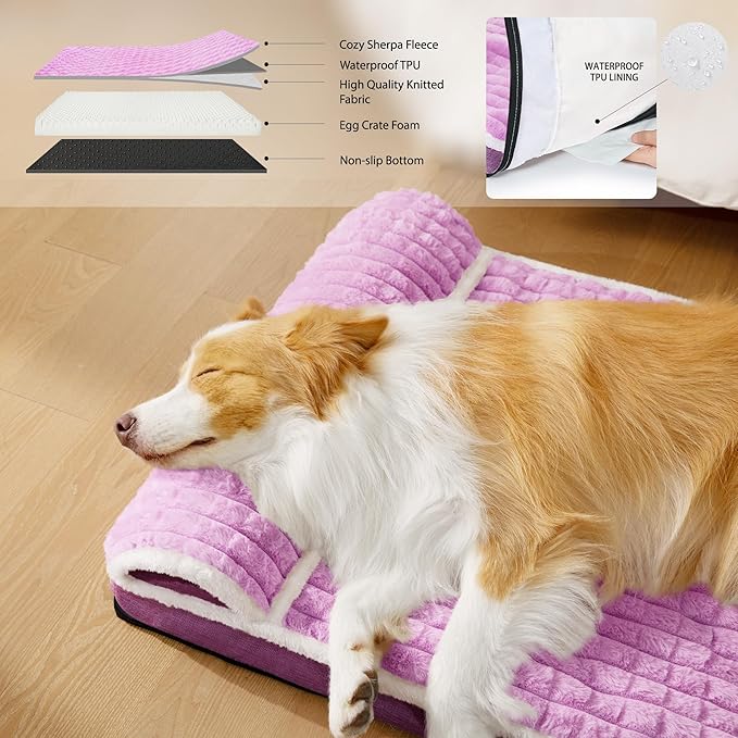 Orthopedic Jumbo Dog Bed Large Sized Dog with Pillow 56''X40'' Waterproof Soft Comfortable Egg Crate Foam Pet Crate Beds Mat with Removable Washable Cover and Non-Slip Bottom, Lilac