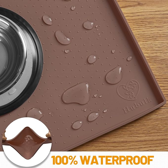Hubulk Dog Feeding Mat,100% Waterproof Food Grade Silicone Pet Food and Water Bowl Placemat,Dishwasher, High Raised Edge to Prevent Spills,Nonslip Tray to Stop Messes on Floor（24"x16"x0.5", Brown）