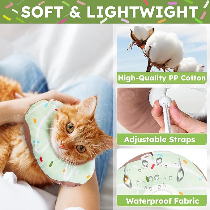Cat Cone Collar Soft, Waterproof Cat Recovery Collars Spay Cones to Stop Licking Cute Donut E Collar After Surgery Anti-Lick Wound Healing Safety Elizabethan Collar for Kittens (Donut Green, Medium)