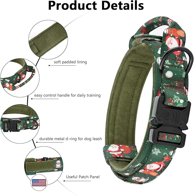 DAGANXI Christmas Tactical Dog Collar, Adjustable Military Training Nylon Dog Collar with Control Handle and Metal Buckle for Medium and Large Dogs, with Patches and Airtags Case (M, Christmas Green)