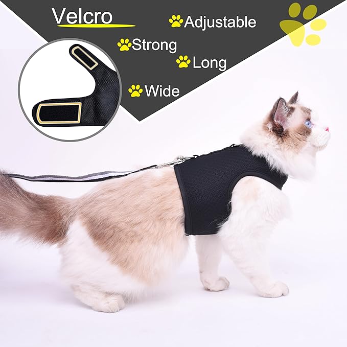 Cat Harness and Leash for Walking Escape Proof Breathable Mesh Fabric, Solid Black, XX-Large, Adjustable Cat Walking Jackets, Padded Stylish Cat Vest
