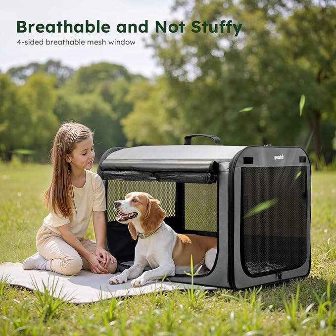Large Dog Car Carrier Light Weight, 27×20.5×20.5ins Dog Carrier for Cars, Portable Dog Car Crate with Breathable Windows, Stable Pet Carrier for Both Indoor and Outdoor Use, Pet Travel Crate Gray