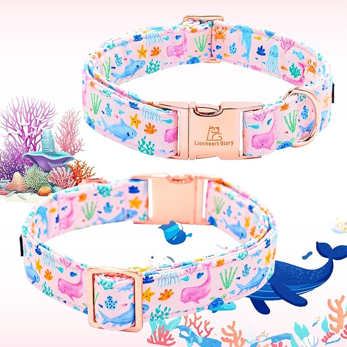 Lionheart glory Dog Collar Flower Pink Dog Collars with Flower Summer Cute Sea Animals Print Collar Dog Female Soft Durable Adjustable Dog Collars for Large Dogs