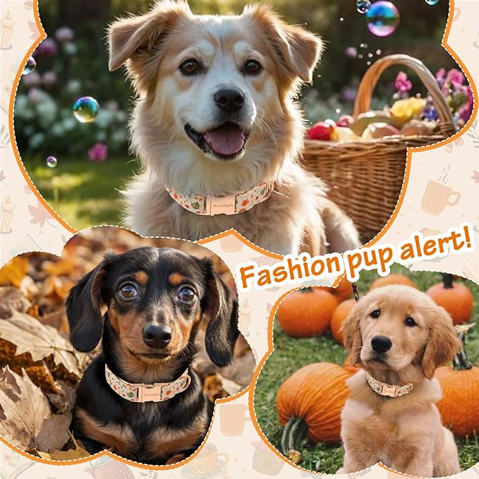 Autumn Dog Collar，Soft Cotton Handmade Pet Collar with Autumn Tea Party Design for Small Medium Large Dogs, Adjustable Collars for Fall Walks，Tea-Time Adventures & Fireside Snuggles -XS