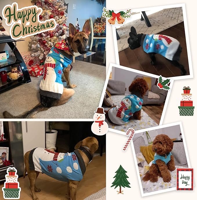 Pet Christmas Dog Sweaters Cute Animal Snowman Printed Puppy Xmas Costumes Winter Warm Turtleneck Jumpers Puppy Knitted Clothes Cat Outfits (L, Blue Snowman)