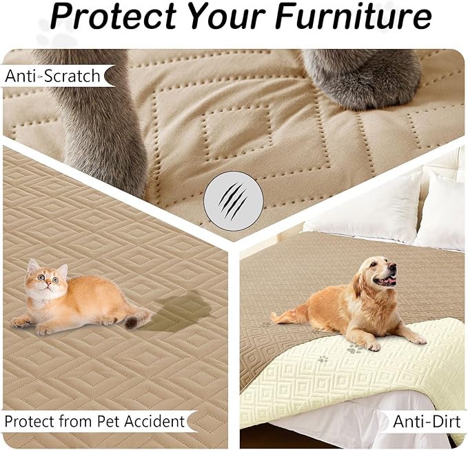 hyha Waterproof Dog Blanket, Soft Pet Bed Blankets, Waterproof Sofa Couch Cover for Dogs Washable, Reversible Pet Couch Covers for Sofa Furniture (82x82 Inch, Camel/Beige)