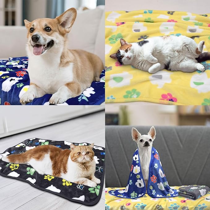 Rezutan 1 Pack 3 Dog Blanket for Large Dogs,41x31 inch for Medium Soft Fluffy Washable Pet Cat Blankets,Reversible Elephant & Paw Print for Dog Kennels & Beds, Sofas,Yellow