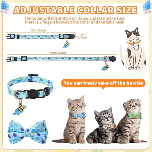3 PCS Cat Collars with Bow Tie and Bell, Cat Collars Dinosaurs Pattern Breakaway Adjustable Cat Bow Tie Collars, Cute Bow Tie Suitable for Kittens Or Certain Puppies