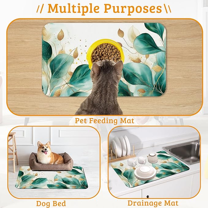 Green Plam Dog Cat Food Mat,Tropical Leaves Absorbent Waterproof Placemat for Food and Water Non Slip Rubber Backing Durable Feeding Pad for Clean Floors 12" x 20"