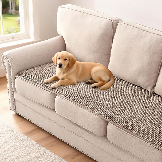 H.VERSAILTEX Plush Chenille Couch Cover for 3 Cushion Couch Anti Slip Washable Sofa Slipcovers Soft and Durable Furniture Protector for Dogs Cats Kids (27.5" x 71", Cuban Sand)