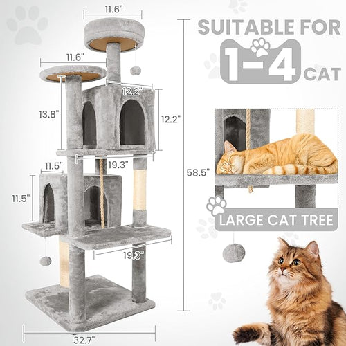 58.5inch Large Cat Tree Tower Condo for Indoor Cats, Soft Plush Multi-Level Climbing Tree Cat House, Scratching Post, More Entrance/Exit, Sisal Rope, Light Grey