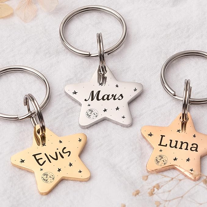 Anavia Small Size Dog Cat ID Tags, Small/XS Personalized Color Plated Stainless Steel Puppy Kitten Name Tags, Customized Engraved Nameplate Pet Collar Tag (Blue, Star)
