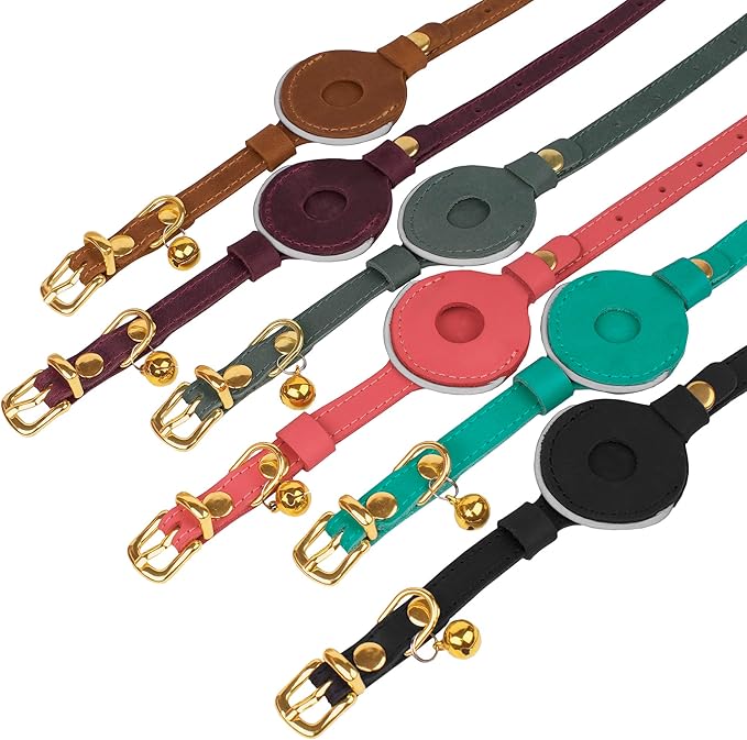OOPSDOGGY Reflective Leather AirTag Cat Collar with Bell - Non Breakaway Adjustable Pet Collar with Apple Air Tag Holder - Lightweight GPS Kitten Collars for Small Dogs Puppy (Fuchsia)
