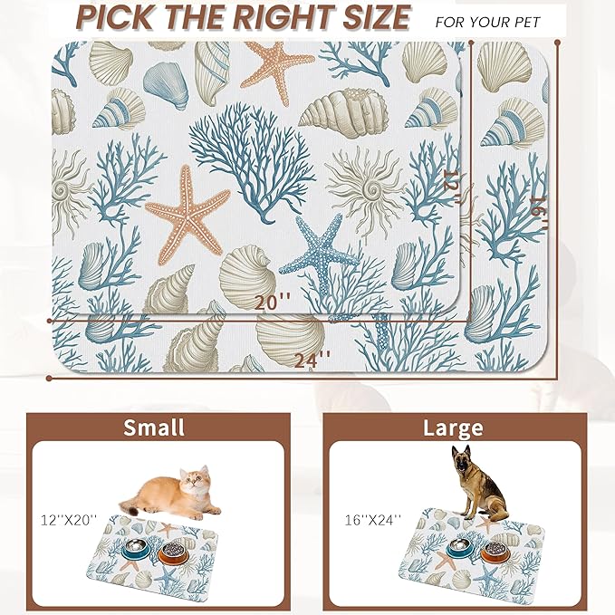 Starfish Dog Food Mat for Floors,Coral Shell Ocean Absorbent Quick-Dry Pet Feeding Mat, Cat Dog Bowl Mats for Food and Water,Non-Slip Pet Accessories Supplies 12"x20"