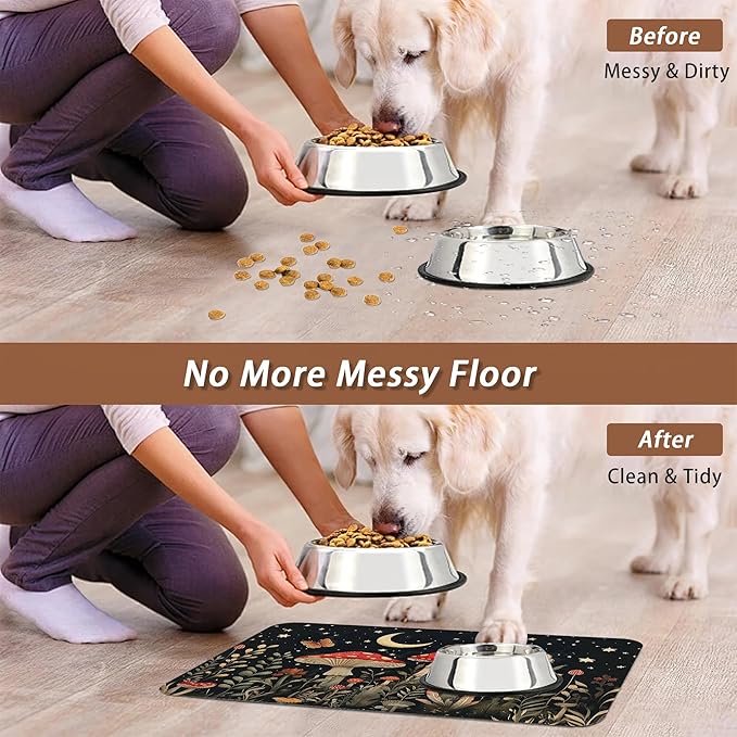 Red Mushrooms Pet Feeding Mat,Wildflower Plant Butterfly Absorbent Quick-Dry Cat Dog Food and Water Bowl Mats,Non-Slip Rubber Backing Mat,Cat Dog Accessories Supplies 16"x24"