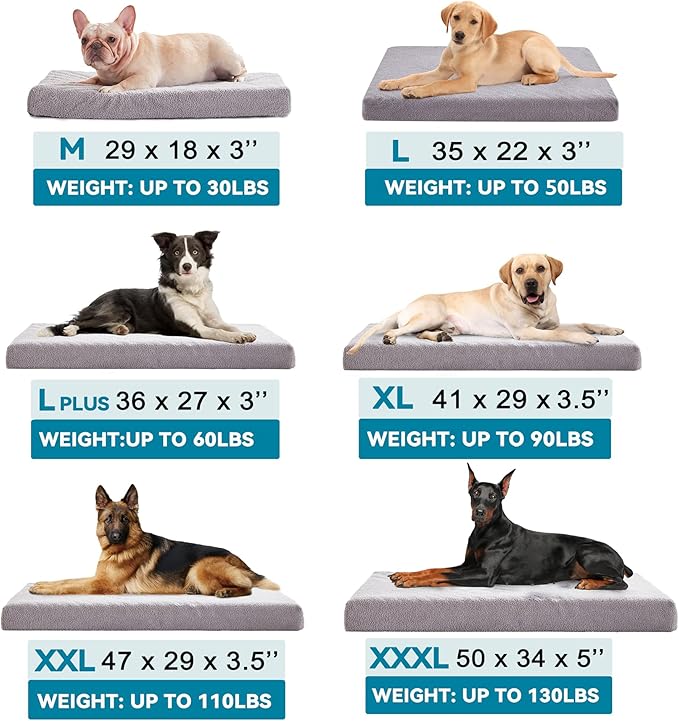 Extra Large Dog Bed, Cooling Dog Beds for Large Size, Washable Orthopedic Pet Mat for Crate with Joint Relief Memory Foam, Waterproof Liner and Plush Cover (50’’x 34’’)