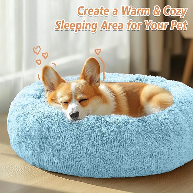 JOLLYVOGUE Calming Small Dog & Cat Bed for Indoor Cats - 20 inches Washable Donut Bed for Kittens & Puppies, Anti-Anxiety Round Fluffy Plush Pet Beds (Fits up to 15 lbs, Light Blue)