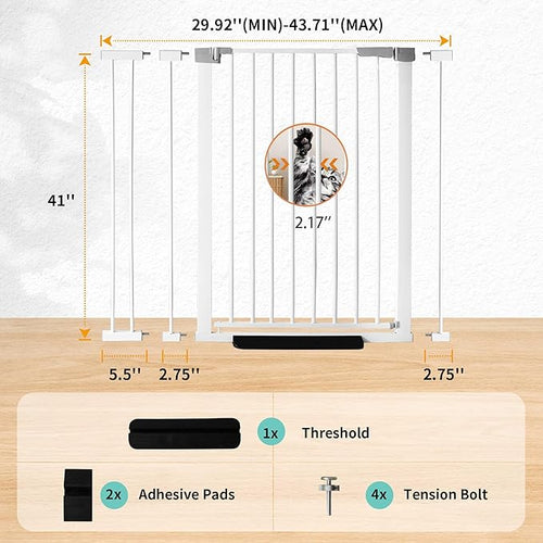 41" Tall Safety Pet Gate,Adjustable 29.92"-43.71" Wide,No Drilling Pressure Mount Kit,Auto Close Cat Gate Suitable for Stairs,Doorways,White (29.92"-43.71" W)