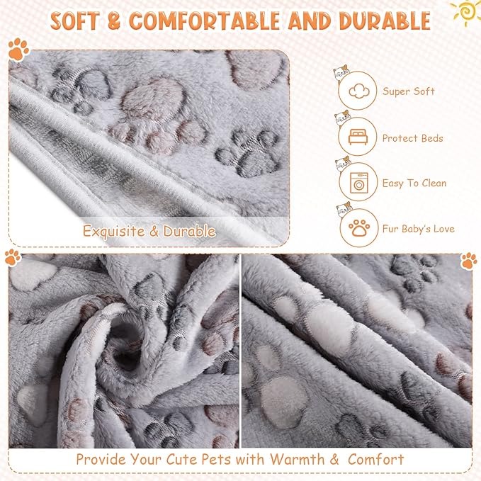 Tatuo 4 Pcs Dog Blanket for Pet Cat Blankets Indoor Puppy Teething Stuff Toys Paw Print Fleece Soft Blanket Sleep Mat for Guinea Pig Cage(Gray,Medium(30 x 20.5 Inch),Square)