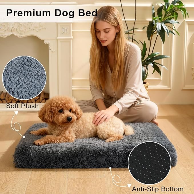 Fluffy Orthopedic Dog Beds for Medium Dogs with Washable Removable Cover Dog Crate Bed Egg Crate Foam Support Plush Pet Pad Mat with Anti-Slip Bottom (36 * 24,Dark Grey)