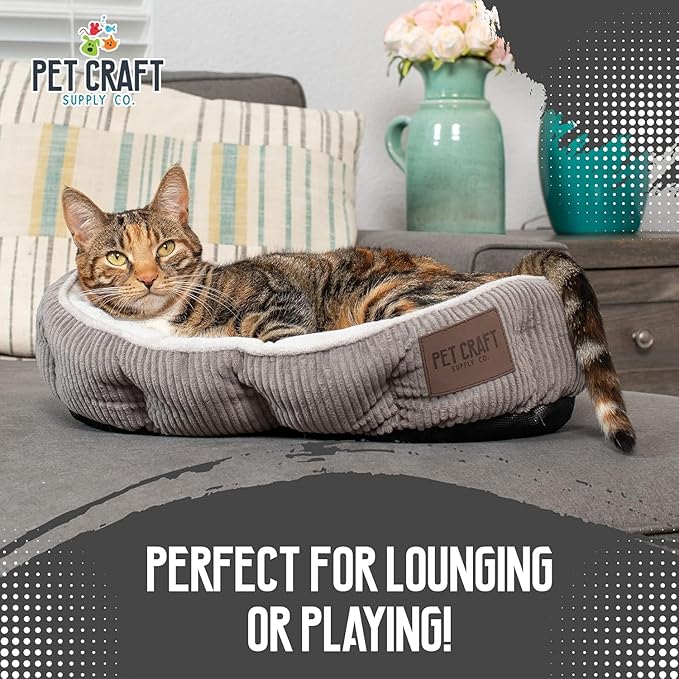 Pet Craft Supply Cat Bed for Indoor Cats - Kitten Bed - Machine Washable - Ultra Soft - Self Warming - Refillable Catnip Pouch,Grey,19x14x5 Inch (Pack of 1)